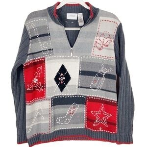 LIZGOLF by Liz Claiborne Grey Red Patchwork Christmas Sweater Zip Pullover